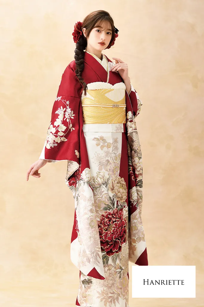 正統派古典　白赤　牡丹柄　人気　王道　清楚　かわいい　振袖ネットレンタル　K1206