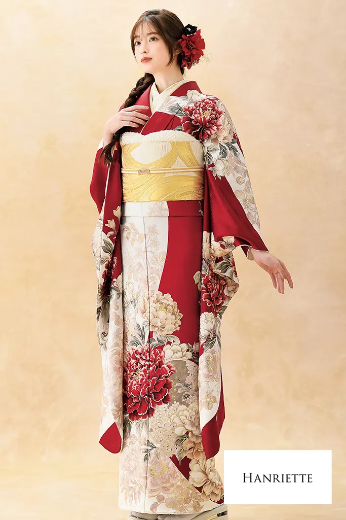 正統派古典　白赤　牡丹柄　人気　王道　清楚　かわいい　振袖ネットレンタル　K1206
