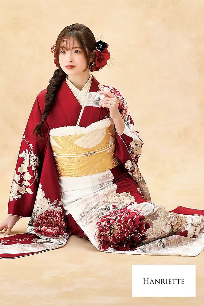 正統派古典　白赤　牡丹柄　人気　王道　清楚　かわいい　振袖ネットレンタル　K1206