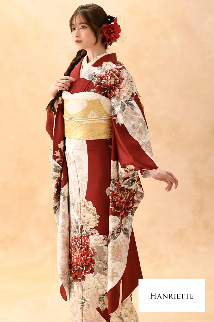 正統派古典　白赤　牡丹柄　人気　王道　清楚　かわいい　振袖ネットレンタル　K1206