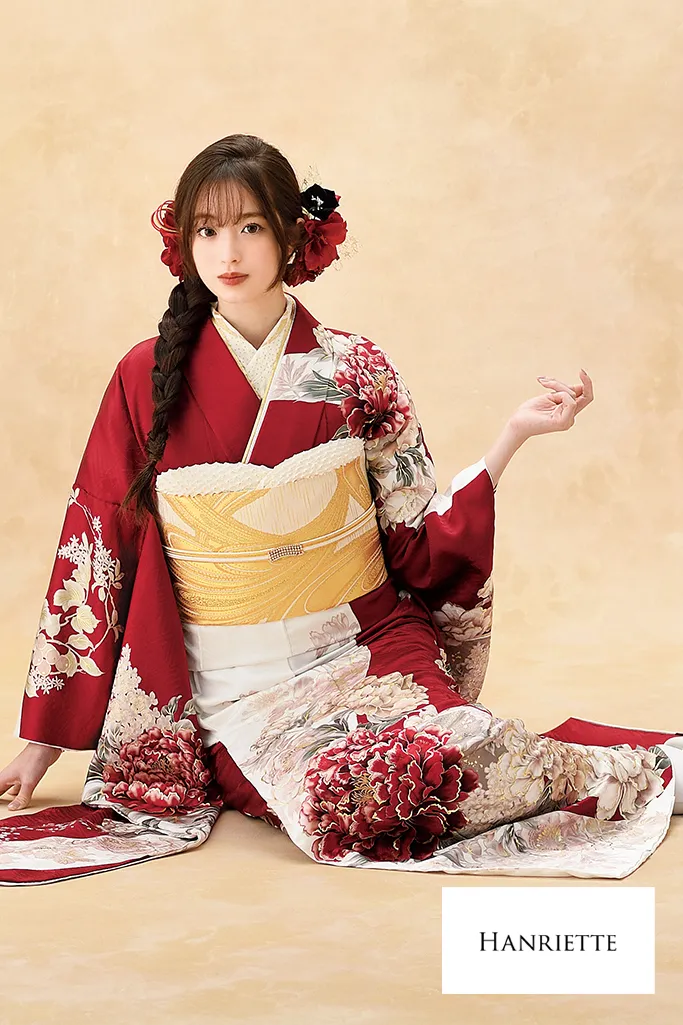 正統派古典　白赤　牡丹柄　人気　王道　清楚　かわいい　振袖ネットレンタル　K1206