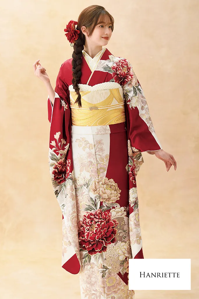 正統派古典　白赤　牡丹柄　人気　王道　清楚　かわいい　振袖ネットレンタル　K1206
