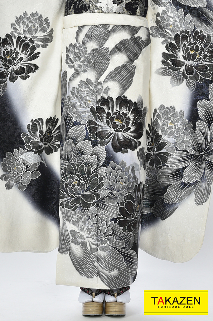 花魁風渋いかっこいい系 派手目立つ 白 黒 シルバー 銀色 F0078 Furisode Doll