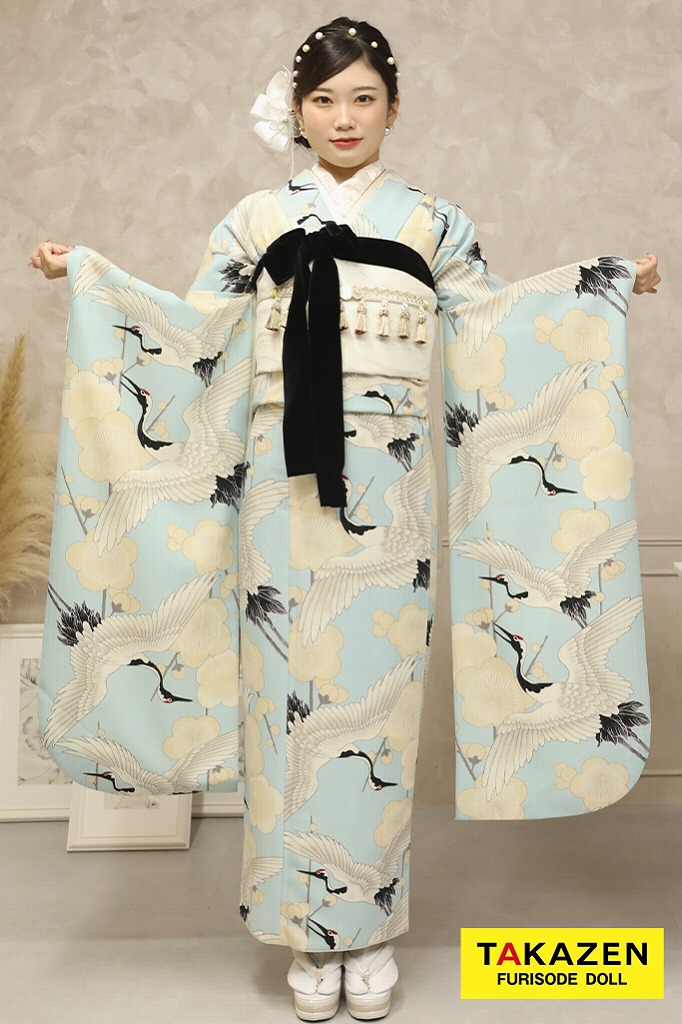 シンプル　レトロ　白/水色(ブルー)　鶴柄　人気　個性的　おしゃれ　モダン振袖ネットレンタル　めでたい　32025