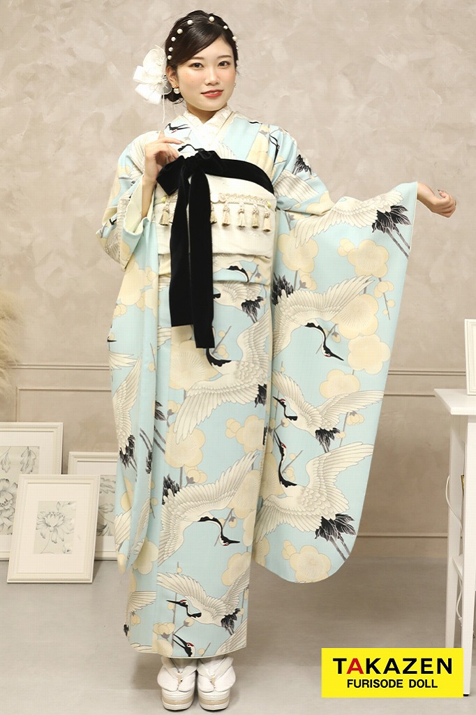シンプル　レトロ　白/水色(ブルー)　鶴柄　人気　個性的　おしゃれ　モダン振袖ネットレンタル　めでたい　32025