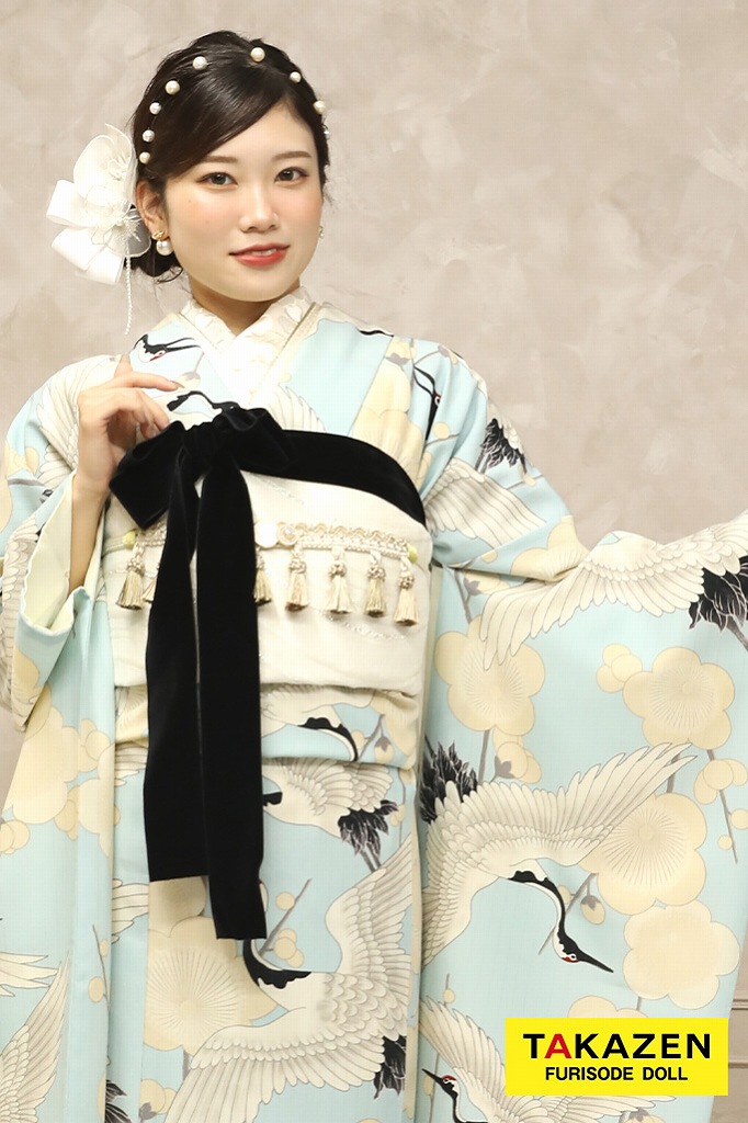 シンプル　レトロ　白/水色(ブルー)　鶴柄　人気　個性的　おしゃれ　モダン振袖ネットレンタル　めでたい　32025