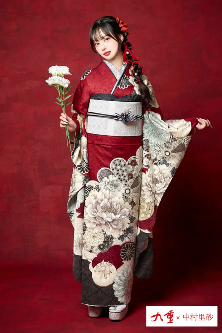 九重×中村里砂ブランド振袖ネットレンタル　古典柄　赤　大柄　華やか　目立つ　きれいめ和柄　K1292
