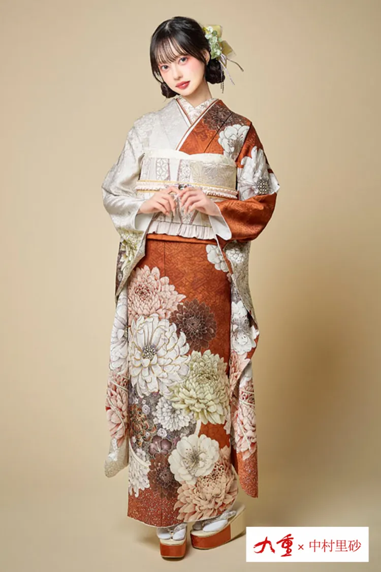 九重×中村里砂ブランド振袖ネットレンタル　オレンジ　牡丹柄　大柄　おしゃれ　人と被らない　K1296