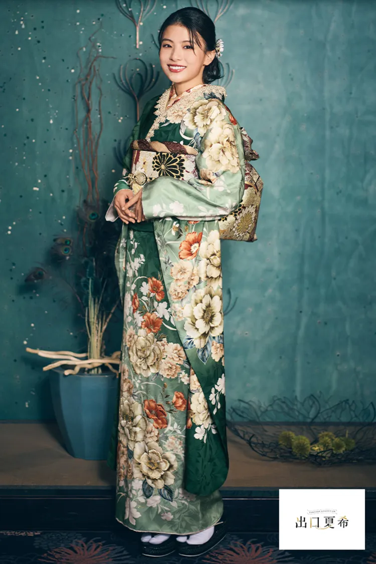 出口夏希ブランド振袖ネットレンタル　くすみグリーン/緑　古典柄　おしゃれ　くすみ系　清楚　上品　K1307