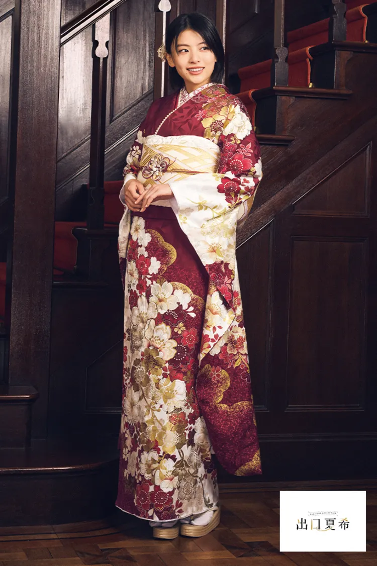 出口夏希ブランド振袖ネットレンタル　エンジ　古典柄　きれいめ　はんなり　清楚　上品　K1308