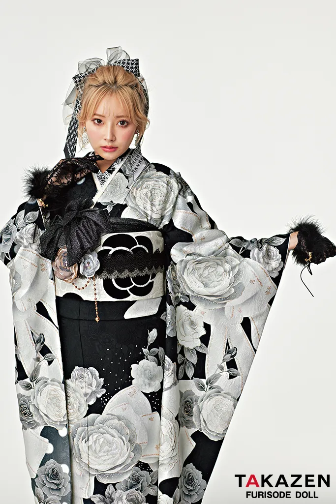 成人式　レンタル　振袖　可愛い　今どき　淡い色　ブラック　黒色　キラキラ　リボン　シャネルカラー
