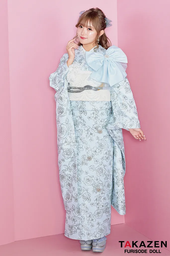 成人式　レンタル　振袖　可愛い　今どき　淡い色　上品　綺麗　キラキラ　ヘップバーン　リボン　水色　派手　わがまま