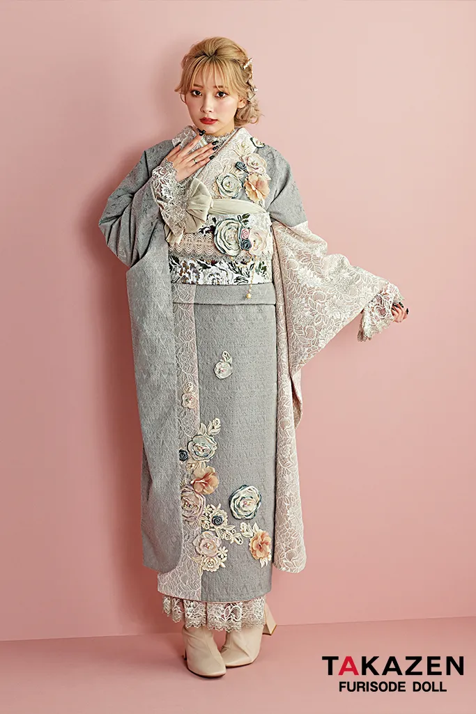 成人式　レンタル　振袖　可愛い　今どき　淡い色　上品　綺麗　キラキラ　ヘップバーン　グレー　レース　ジャガード　立体的なお花
