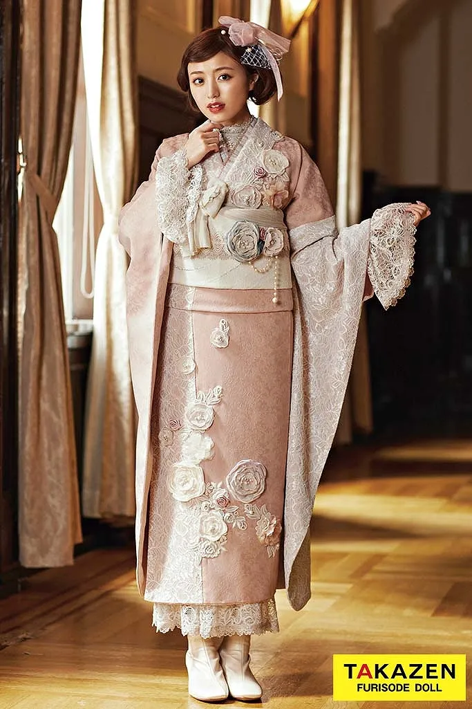 成人式　レンタル　振袖　可愛い　今どき　淡い色　ヘップバーン　誰ともかぶらない　上品　フレンチガーリー　レース　ジャガード生地　ピンク