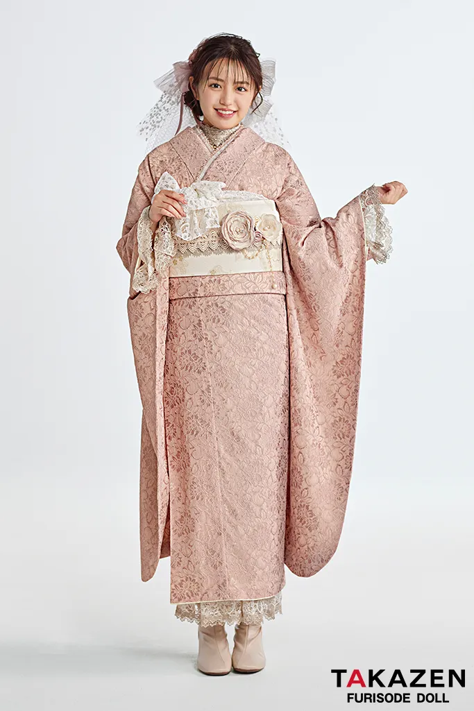 成人式　レンタル　振袖　可愛い　今どき　淡い色　ヘップバーン　誰ともかぶらない　上品　レース　総レース振袖　ピンク
