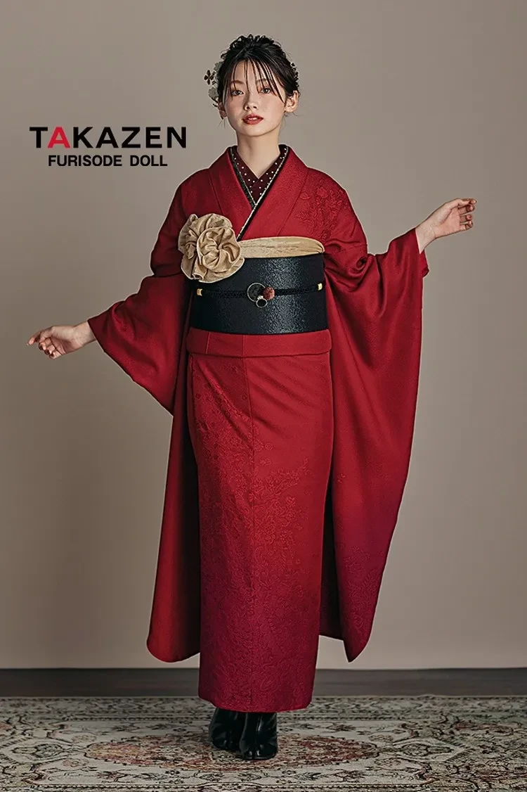 成人式振袖レンタル　シンプル　赤　無地振袖