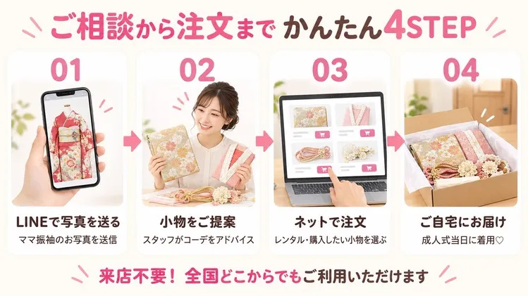 ママ振袖を可愛くアレンジして小物レンタルできる
