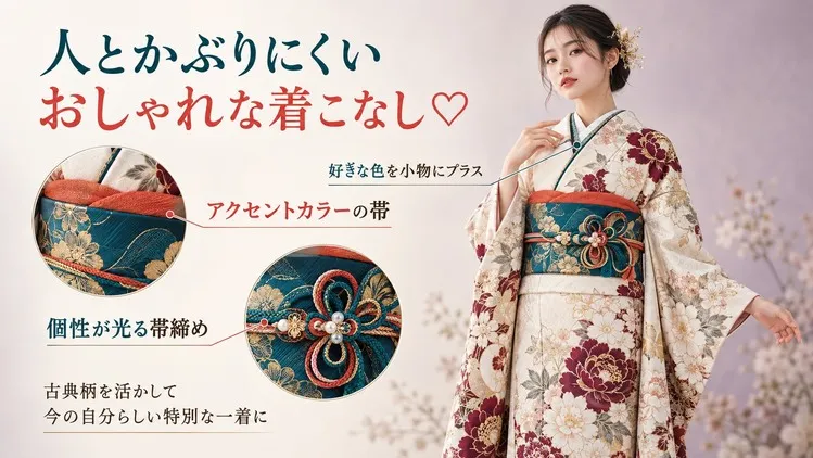 ママ振袖を可愛くアレンジして小物レンタルできる